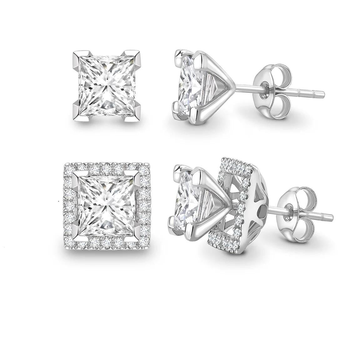 Princess Cut Moissanite Diamond Halo Stud Earring